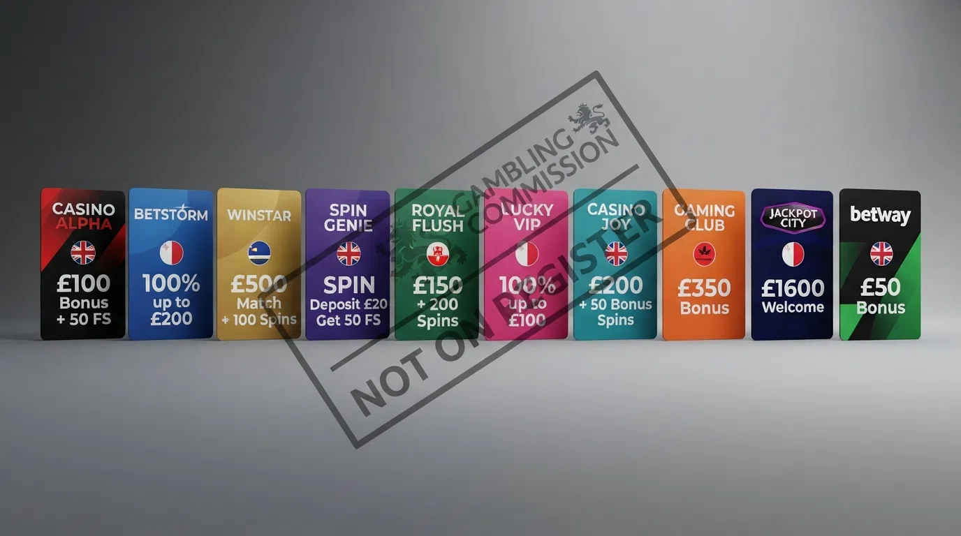 A row of ten casino brand cards arranged side by side, each showing its licence jurisdiction flag and key bonus figure, with a UK Gambling Commission “not on register” stamp across the set.