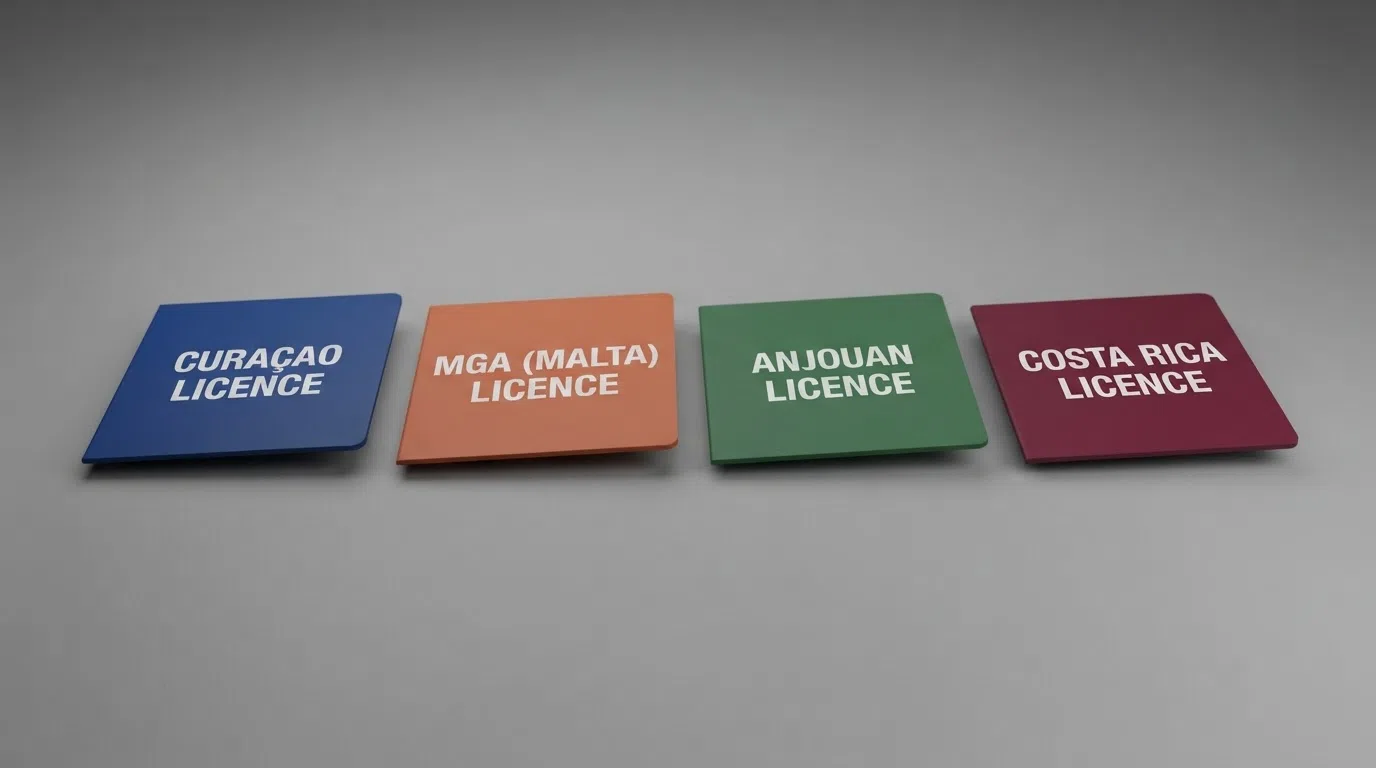 A side-by-side arrangement of four licence certificates or seals — Curaçao, MGA, Anjouan and Costa Rica — each with its issuing authority name visible