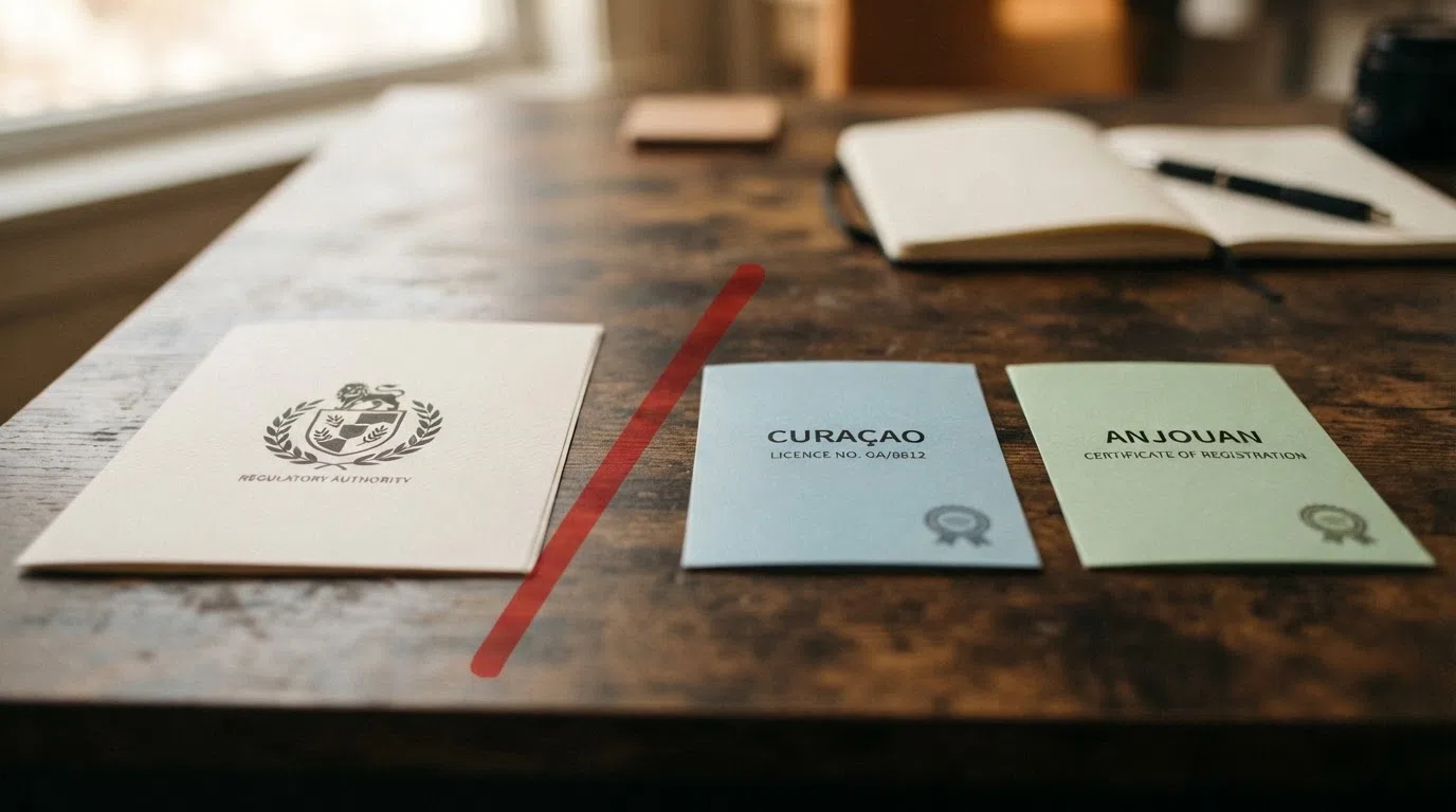 A UKGC logo beside Curaçao and Anjouan licence certificates, with a red line separating regulated from unregulated