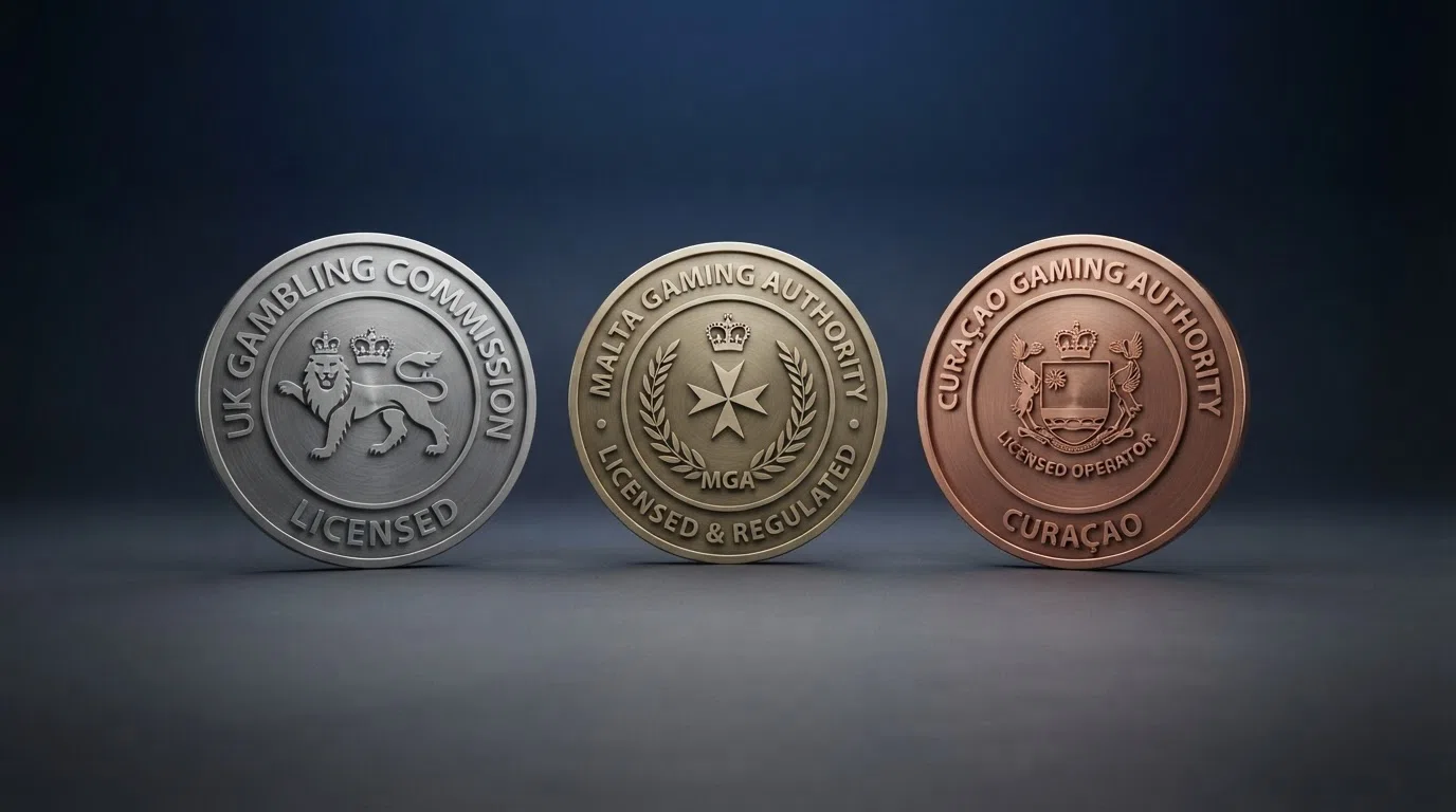 Three official seals or regulatory emblems arranged side by side — the UK Gambling Commission, the Malta Gaming Authority and the Curaçao Gaming Authority — with visual cues suggesting differing levels of protection.