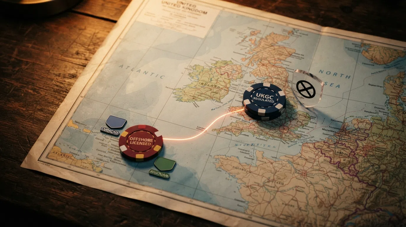 A map of the UK with a regulatory boundary separating it from offshore casino licensing jurisdictions, with icons representing Curaçao and Anjouan and a crossed-out UKGC shield