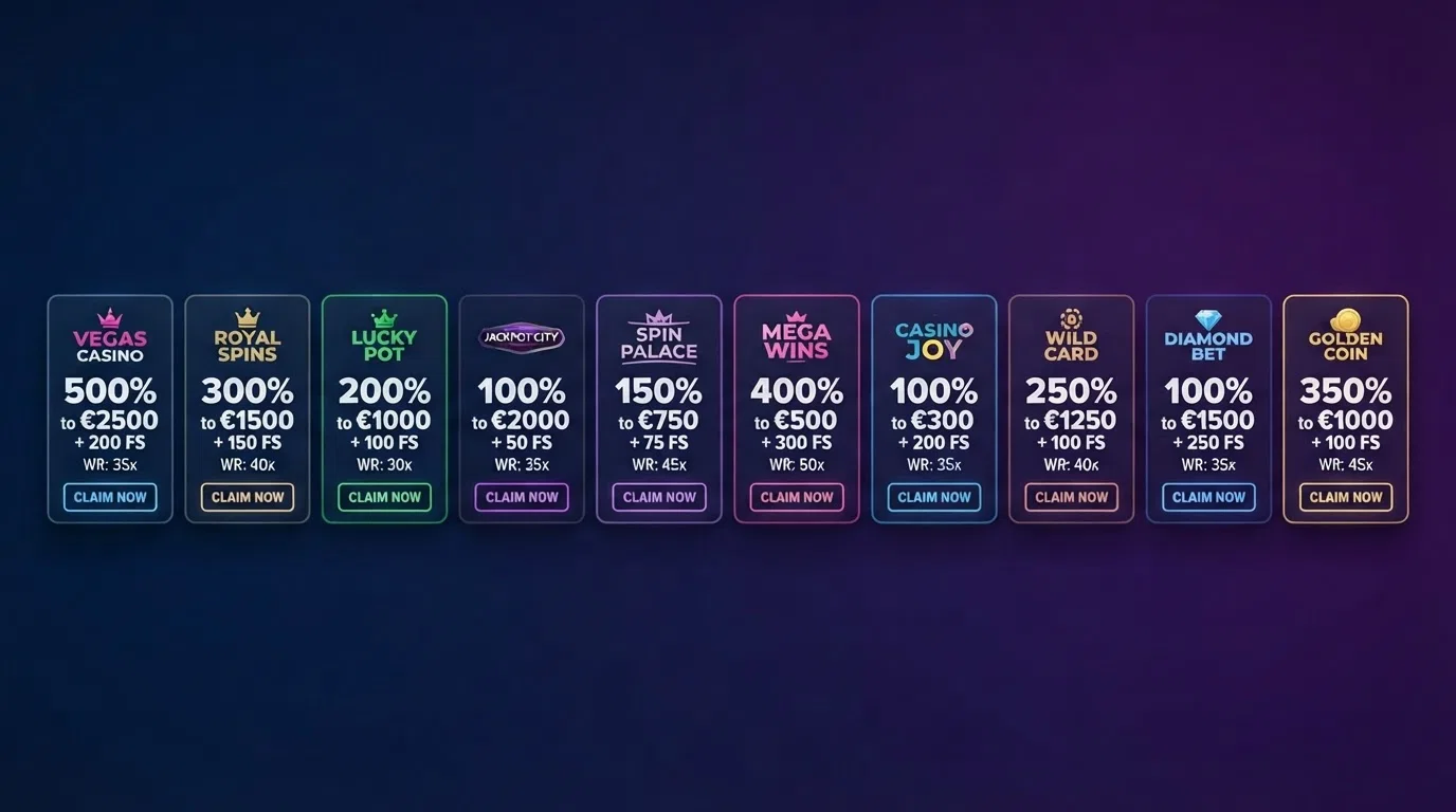 Ten casino welcome-bonus offer cards arranged side by side, each showing a different match percentage, wagering multiplier and free-spin count