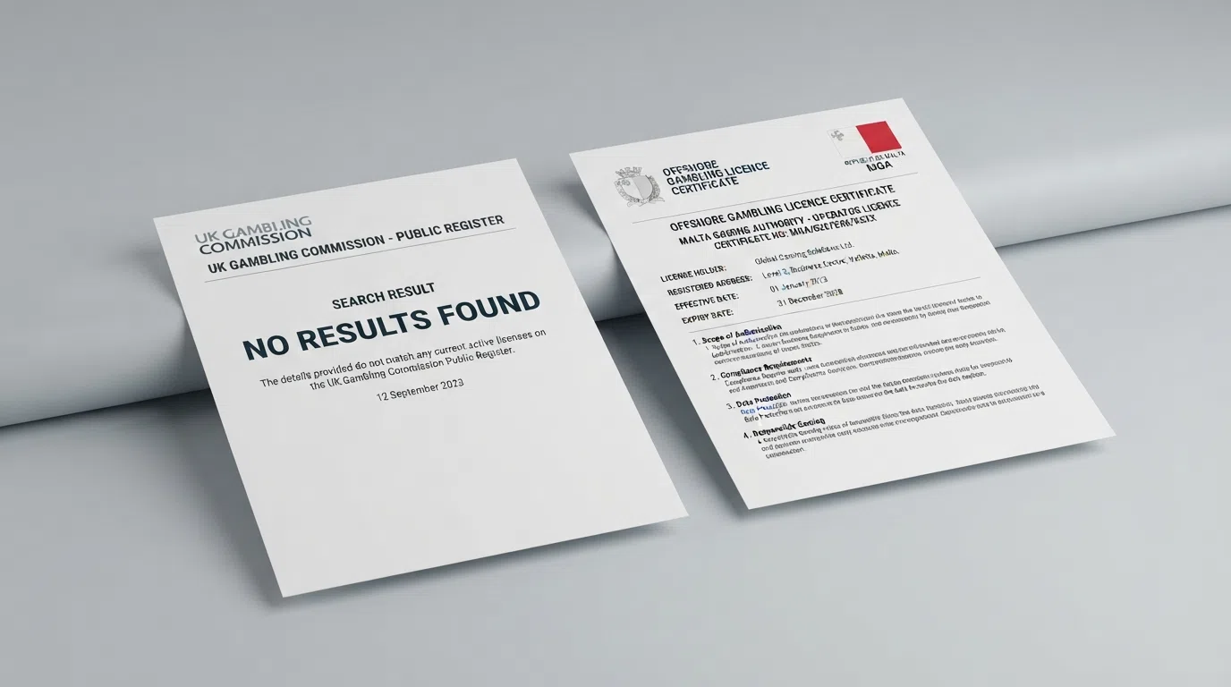 A close-up of a Gambling Commission public-register search result showing “no results found” beside an offshore licence certificate from Curaçao