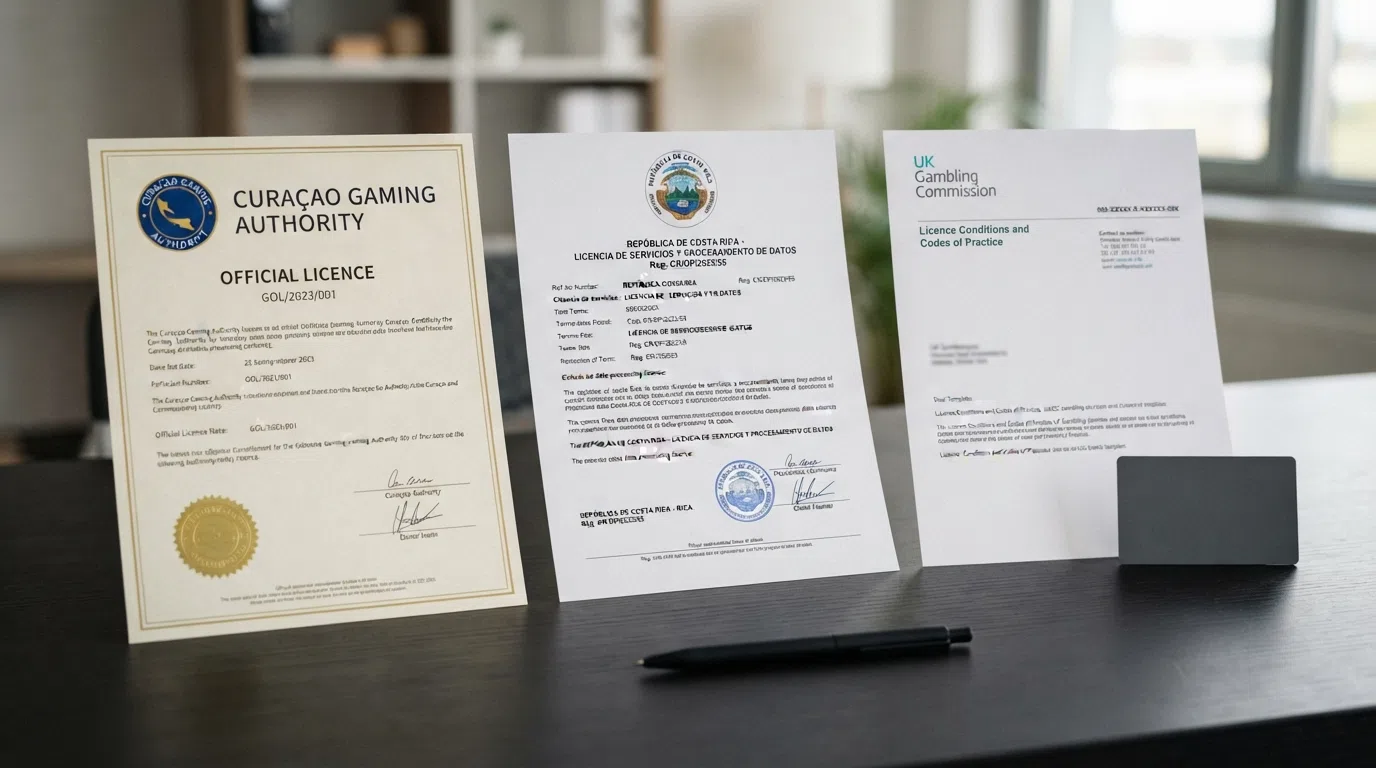 A desk with printed licence documents bearing the Curaçao Gaming Authority and Costa Rica data-processing licence seals alongside a UK Gambling Commission letter template, the contrast deliberate