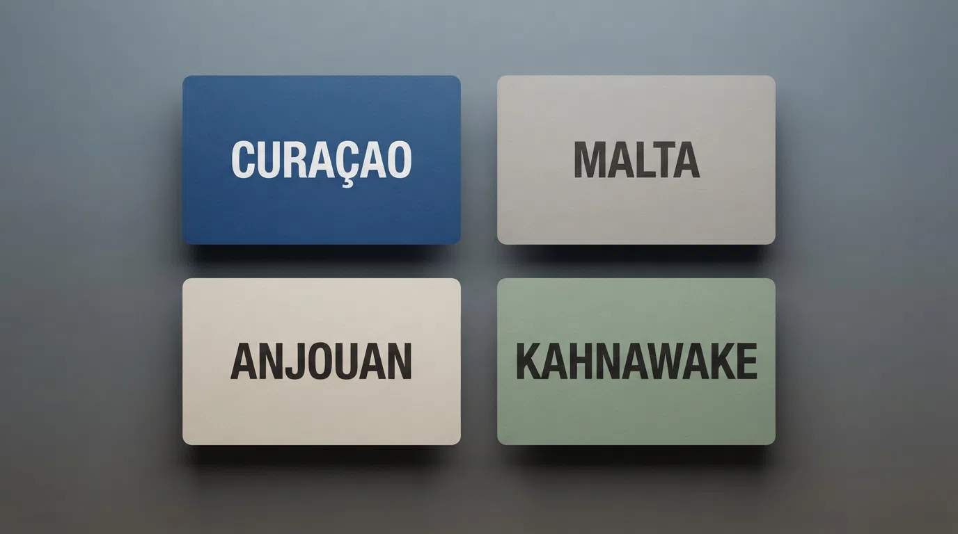 Four jurisdiction identifiers arranged in a grid — Curaçao, Malta, Anjouan and Kahnawake — each with its regulatory body name beneath
