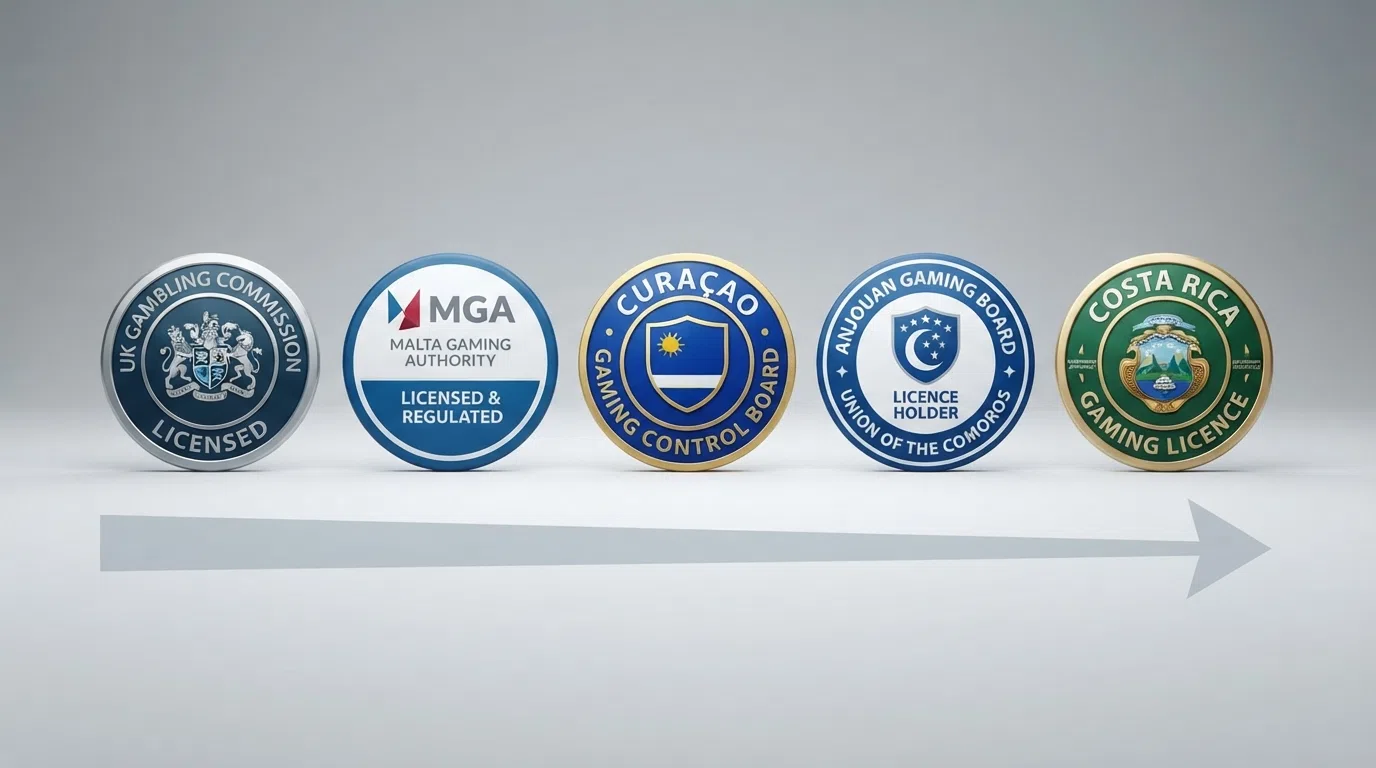 A row of five gambling licence badges arranged left to right: UKGC, MGA, Curaçao Gaming Control Board, Anjouan Gaming Board and Costa Rica, with a descending arrow beneath indicating the protection gradient