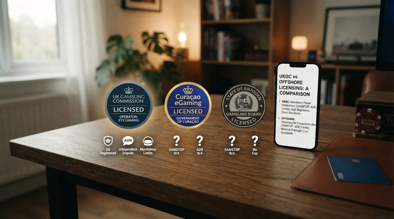 Side-by-side comparison of UKGC Curaçao and Anjouan gambling licence badges with player protection icons beneath each