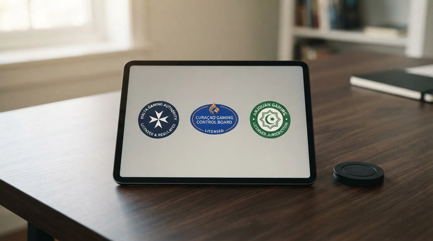 Three regulatory jurisdiction badges — Malta Gaming Authority, Curaçao Gaming Control Board, and Anjouan Gaming — arranged on a scale showing the protection gap between them