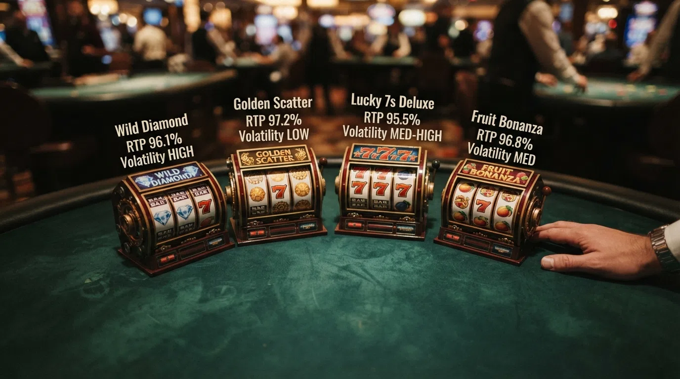 Four slot game reels labelled with their RTP percentages and volatility ratings
