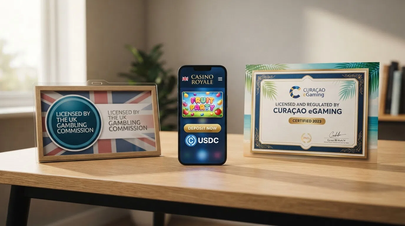 A UK Gambling Commission licence badge on one side and a Curaçao eGaming licence certificate on the other, with a UK player's mobile device centred between them