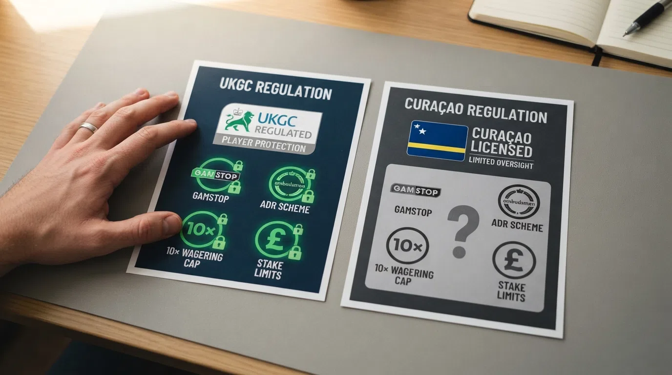 A side-by-side illustration: the left panel shows a UKGC badge with padlock icons labelled GamStop, ADR, 10× cap and stake limits all illuminated green; the right panel shows a Curaçao flag with the same icons greyed out and a question mark