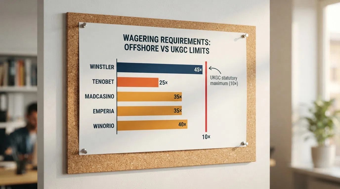 A horizontal bar chart comparing the wagering requirements of the seven featured operators with stated wagering (Winstler 45×, Tenobet 25×, MadCasino 35×, Emperia 35×, Winorio 40×) against a bold reference line at 10× labelled “UKGC statutory maximum.”
