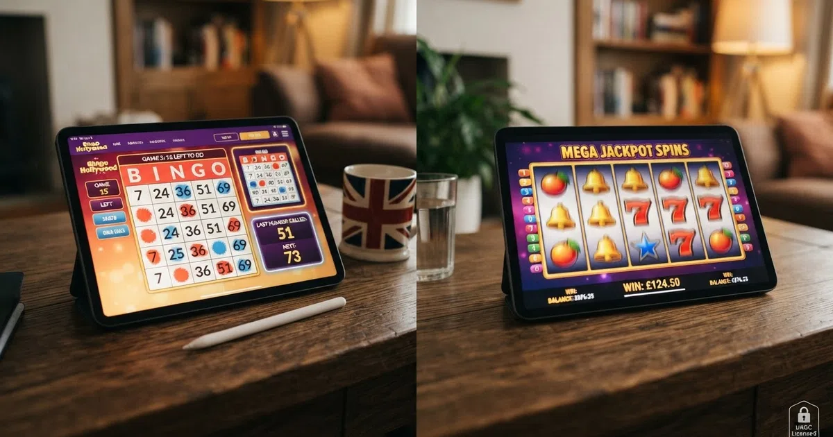 A split-screen digital illustration: on the left, a brightly coloured online bingo card with daubed numbers and a bingo caller display; on the right, a row of slot reels in motion, both framed by a Union Jack colour accent and a padlock icon marked “UKGC Licensed”