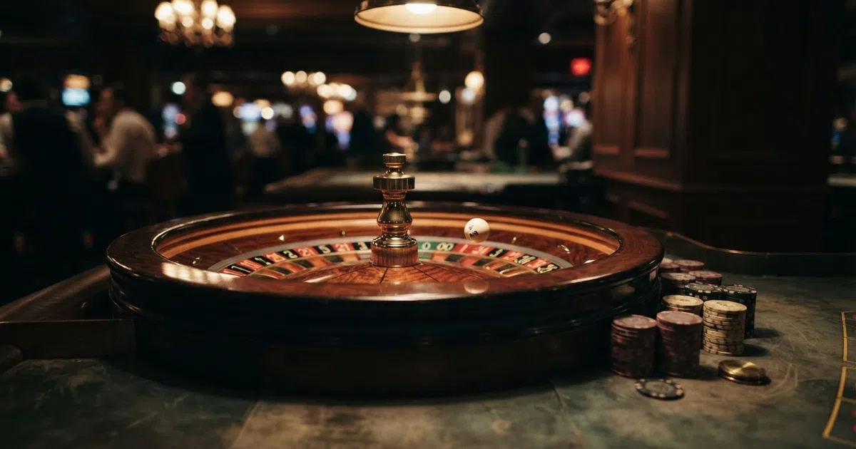 An American roulette wheel with the double-zero pocket visible beside the single zero, set against a dark casino-table background with chips stacked at the edge of the frame.