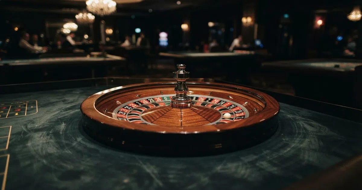 A European roulette wheel in close-up showing the single green zero pocket at the top, with numbers 1 through 36 alternating red and black around the rim, the ivory ball resting in a pocket
