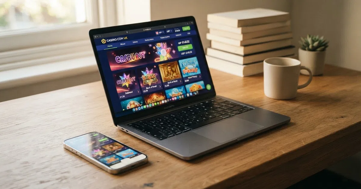 A smartphone and laptop showing a UK online casino lobby with pound-denominated slot stakes