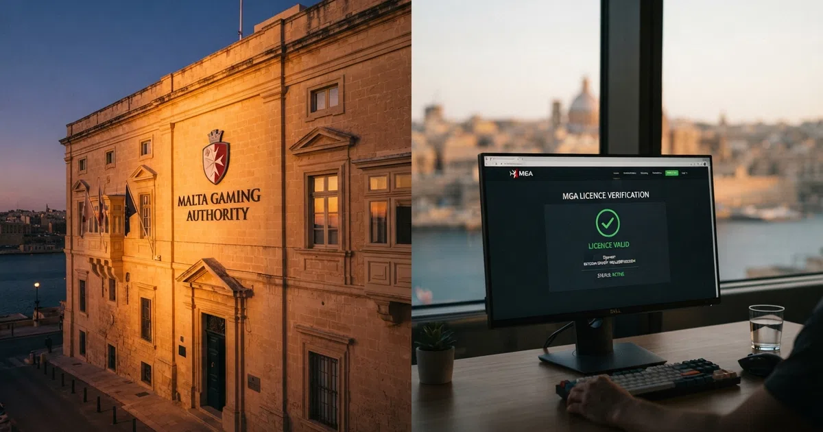A split-screen illustration: on the left, the Malta Gaming Authority headquarters building in Valletta with the MGA logo visible on its façade; on the right, a desktop browser displaying a casino licence verification page with a green checkmark and the text “Licence Valid” against a dark UI background