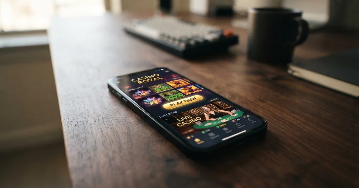 A smartphone showing an online casino lobby with a prominent play button and no sign-up form on the screen