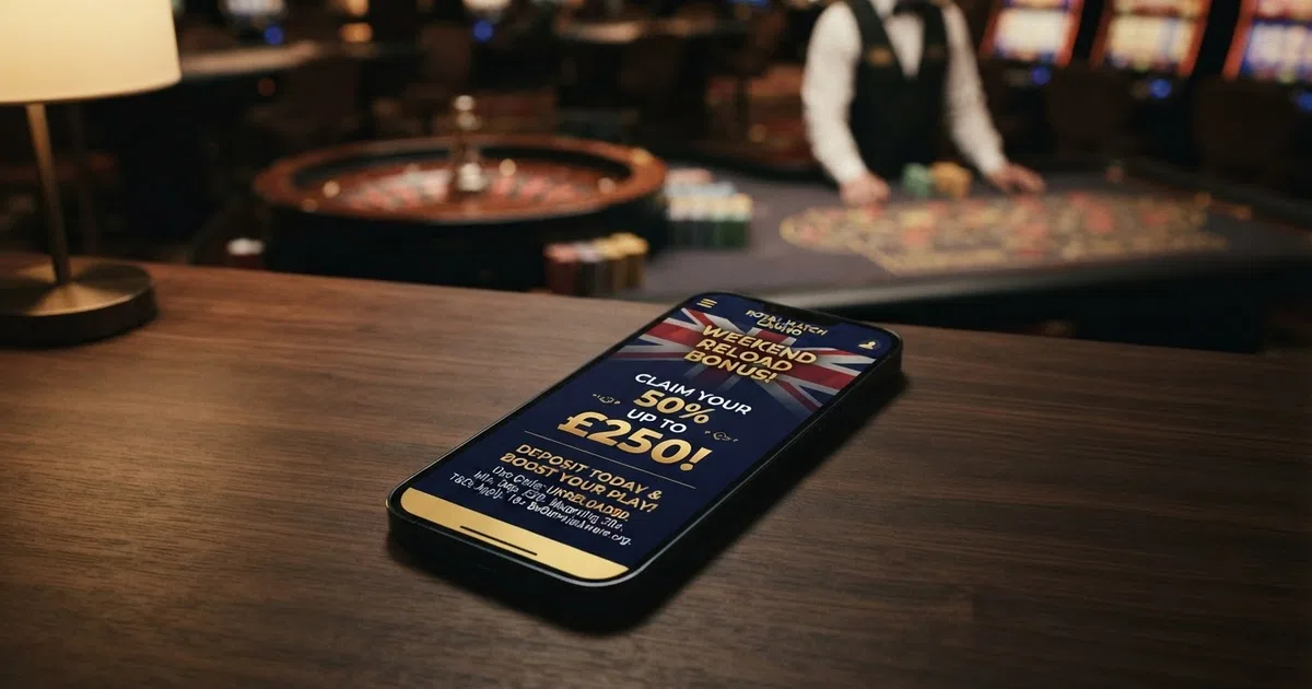 A UK online casino reload bonus promotional banner on a smartphone screen, showing a percentage match offer with terms visible, set against a dark casino-branded background