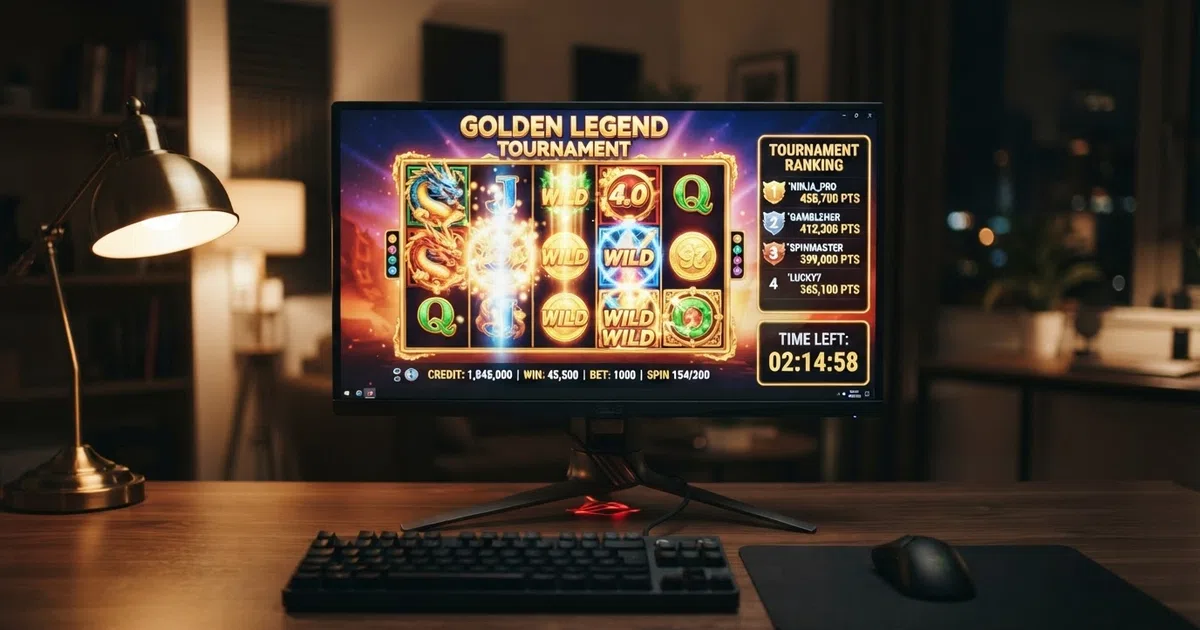 A grid of brightly lit online slot reels spinning on a desktop screen, with a leaderboard sidebar ranking player positions in real time beside a countdown clock