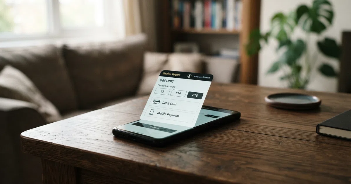A smartphone screen showing a UK online casino lobby with the deposit screen open, displaying £5, £10 and £15 deposit amount options alongside debit card and Apple Pay logos