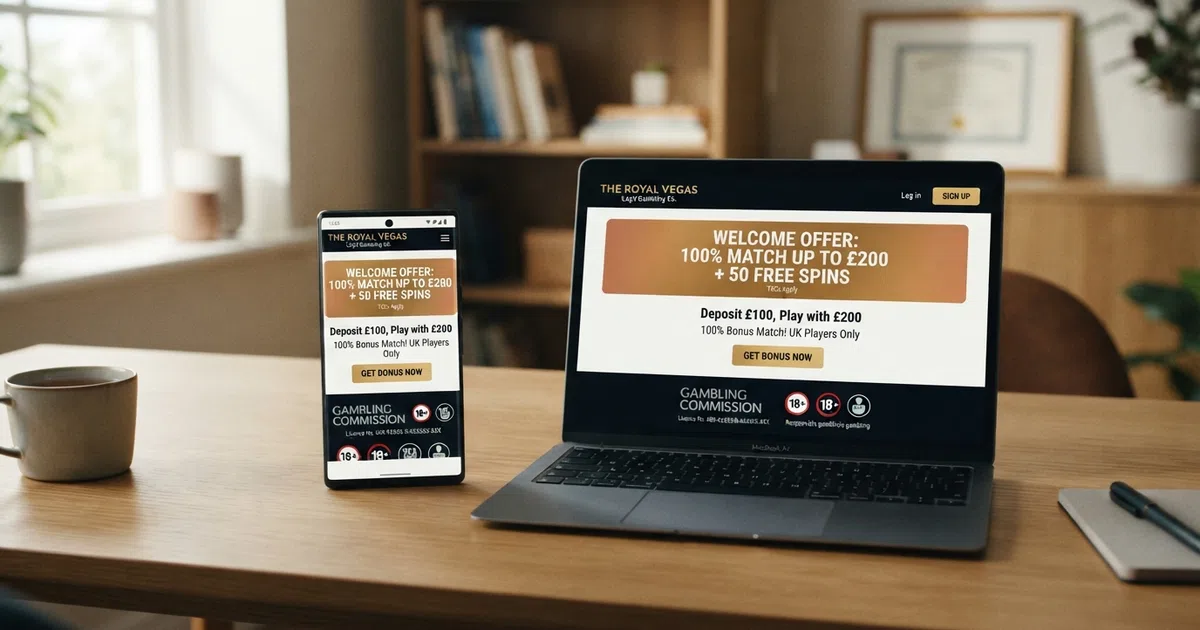 A laptop and smartphone side by side displaying a UK online casino bonus offer page with a prominent 100% match banner and the Gambling Commission logo visible.