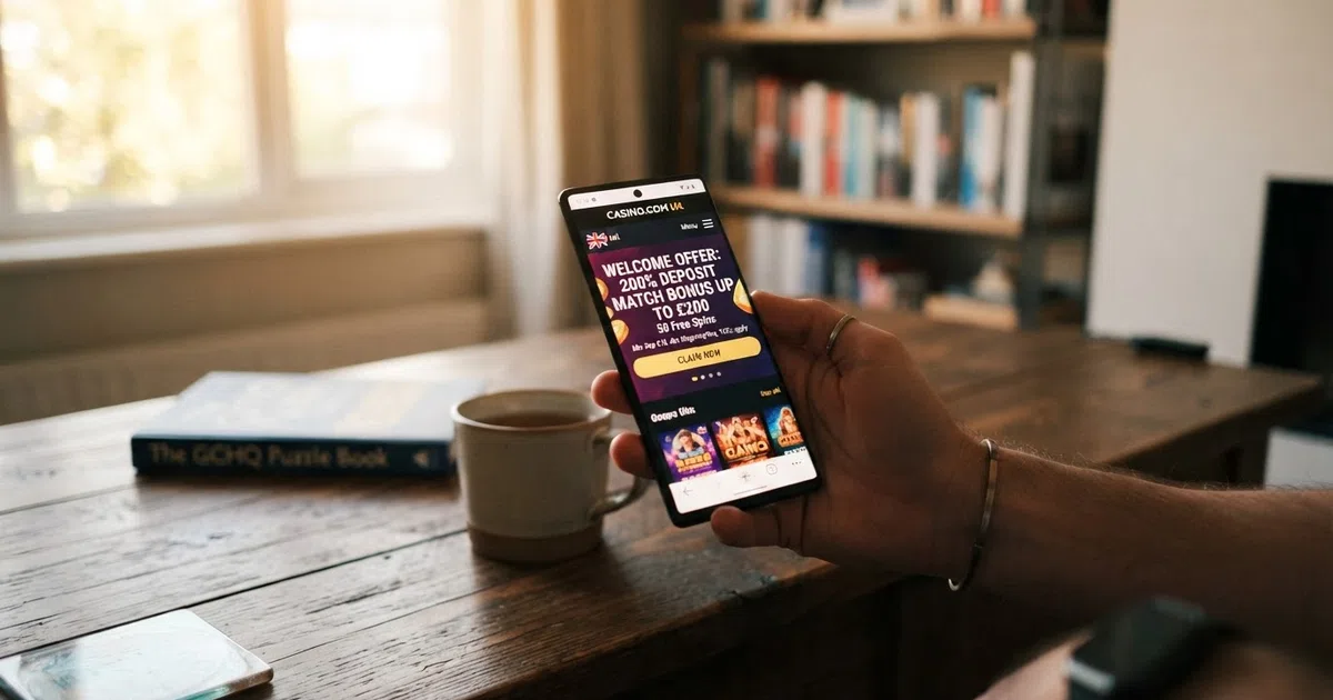 A UK online casino promotions page showing a welcome-bonus banner with a 200% deposit-match offer, a prominent terms-and-conditions link, and the operator's UKGC licence number visible in the footer