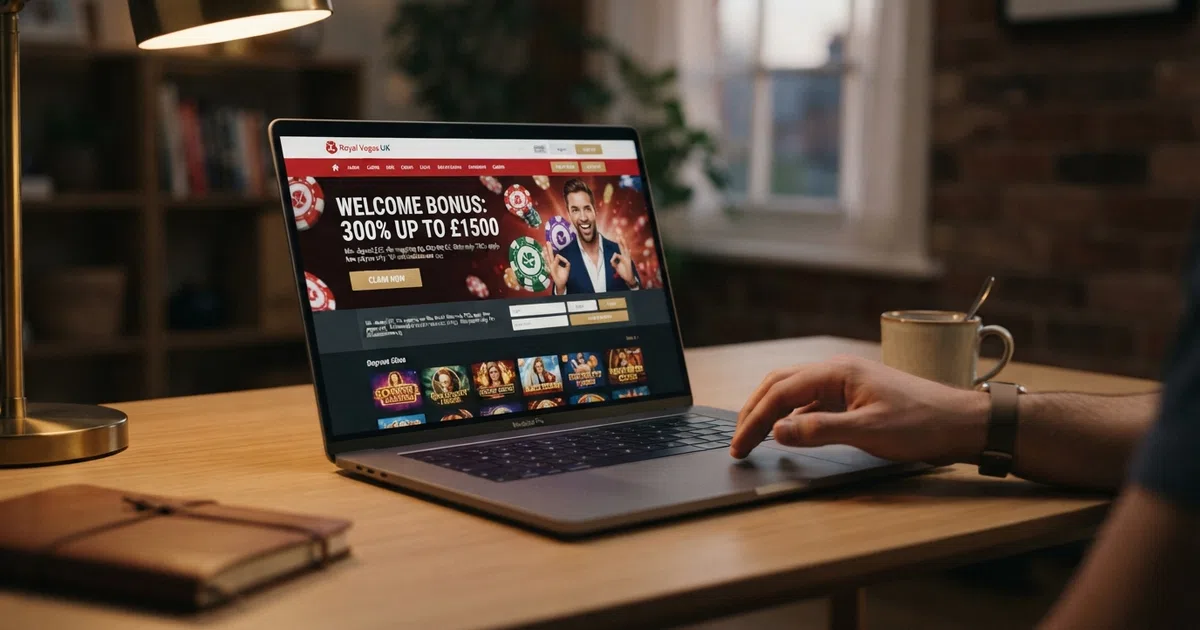 A laptop screen displaying a UK online casino welcome page with a bonus offer banner and terms summary