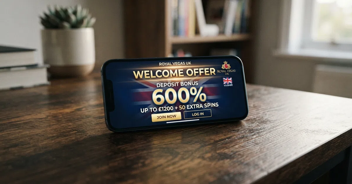 A UK online casino homepage showing a welcome bonus banner with a high-percentage deposit match offer displayed prominently