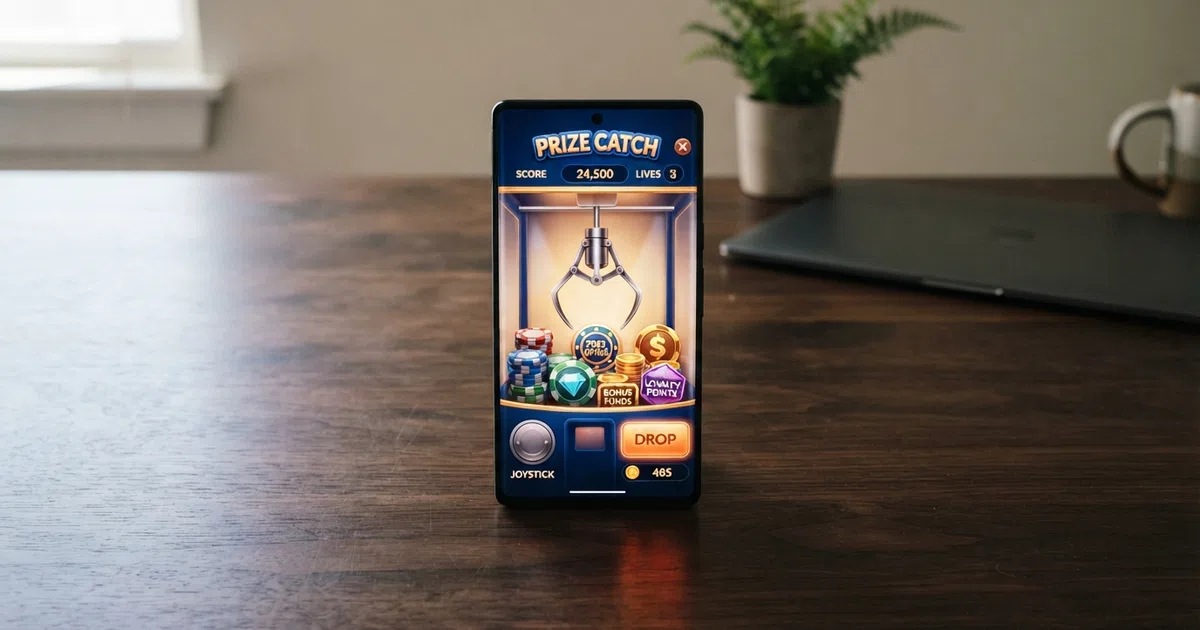 A virtual claw machine game interface on a casino screen, the claw hovering over prize icons representing cash, free spins, bonus funds and loyalty points