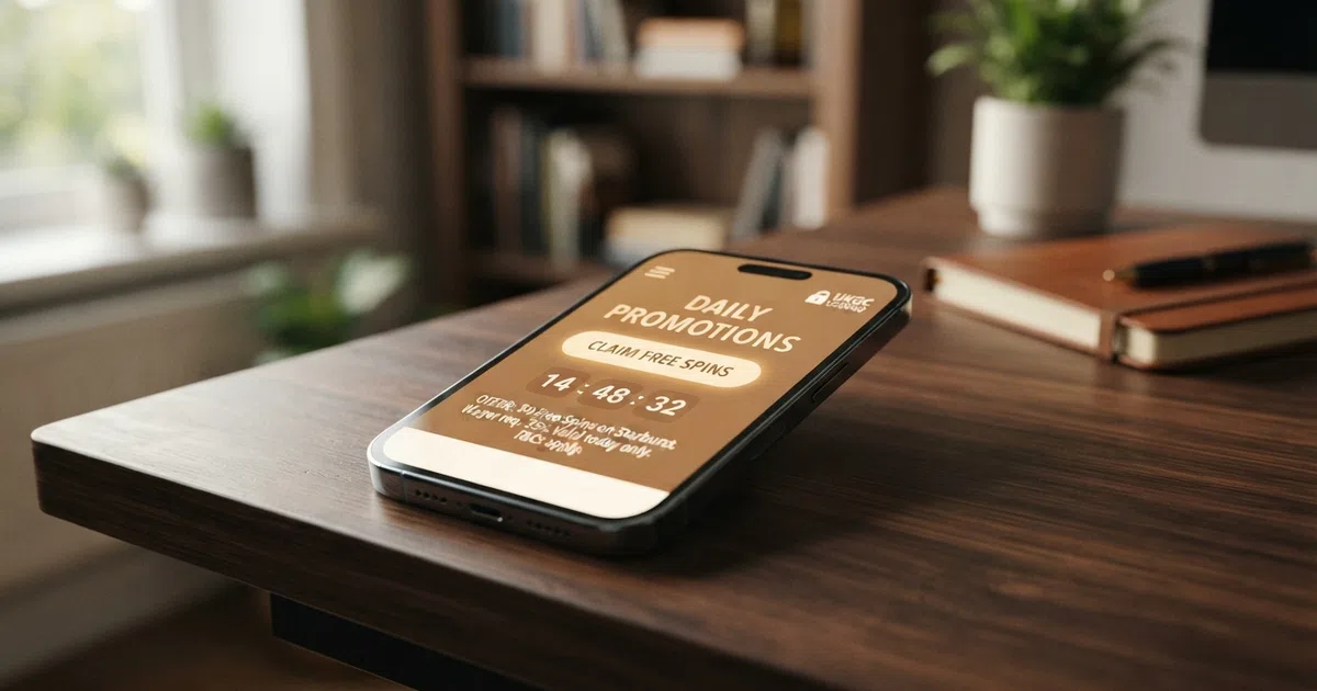 A smartphone screen displaying a UK online casino daily promotions page with a countdown timer, a “Claim Free Spins” button, and a small padlock icon signalling UKGC licence status