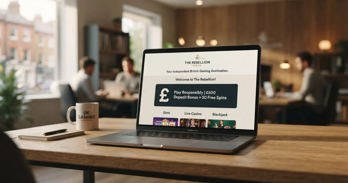 A clean illustration of a single online casino homepage standing alone against a backdrop of interconnected casino brand logos, with a UKGC badge visible