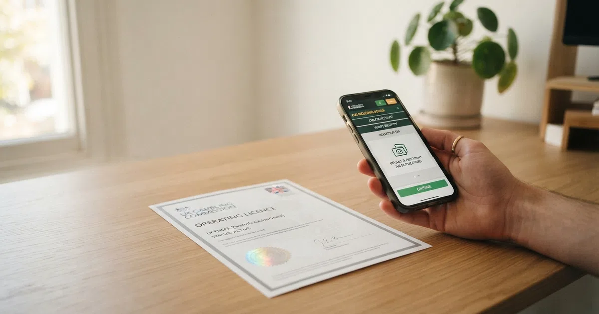 A UKGC licence certificate beside a smartphone showing a casino registration screen with a document-upload icon visible
