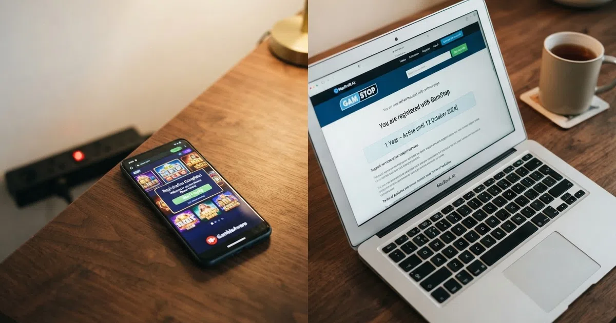 A split-frame visual: on one side a smartphone showing a slot game lobby with a “Registration Complete” message, on the other a GamStop confirmation screen with an active exclusion period visible.