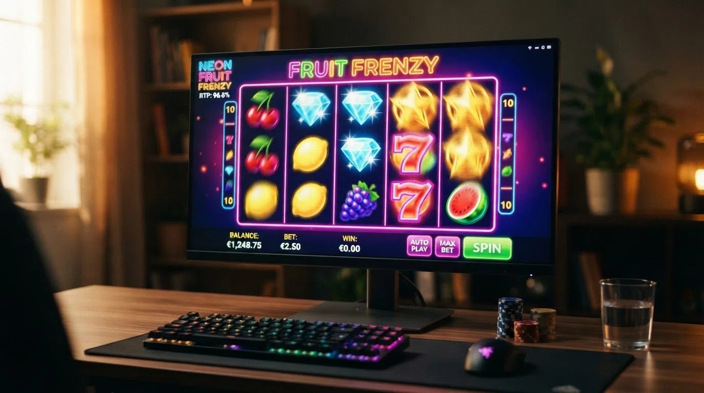 A colourful online slot game grid with five reels spinning on a desktop screen, the game title and RTP percentage visible in the corner