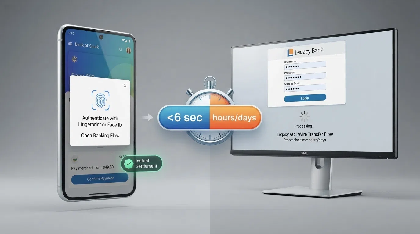 A split-screen comparison showing a smartphone with an Open Banking biometric confirmation screen on one side and a desktop banking login on the other, with a stopwatch graphic between them