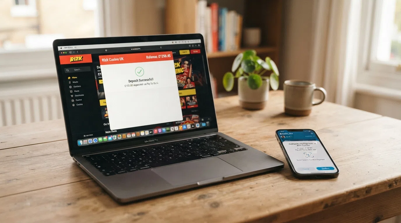 A laptop and smartphone side by side showing a bank authentication screen on the phone and a casino balance confirmation on the laptop