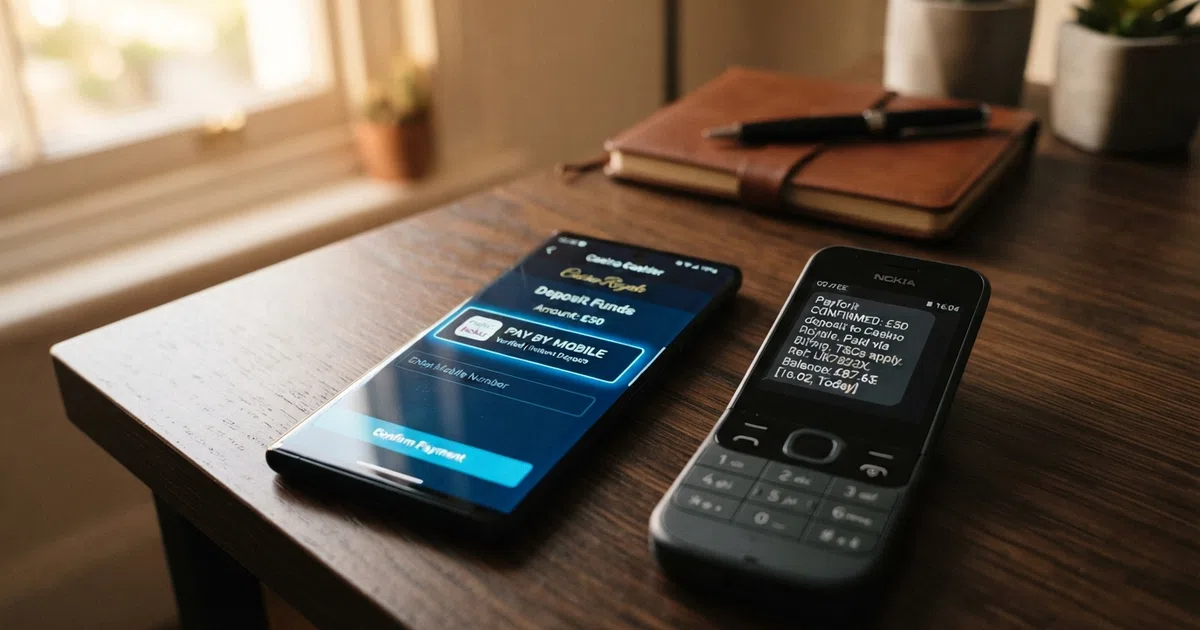 A UK smartphone displaying a casino cashier screen with a “Pay by Mobile” deposit option highlighted, next to a UK mobile phone showing an SMS deposit confirmation