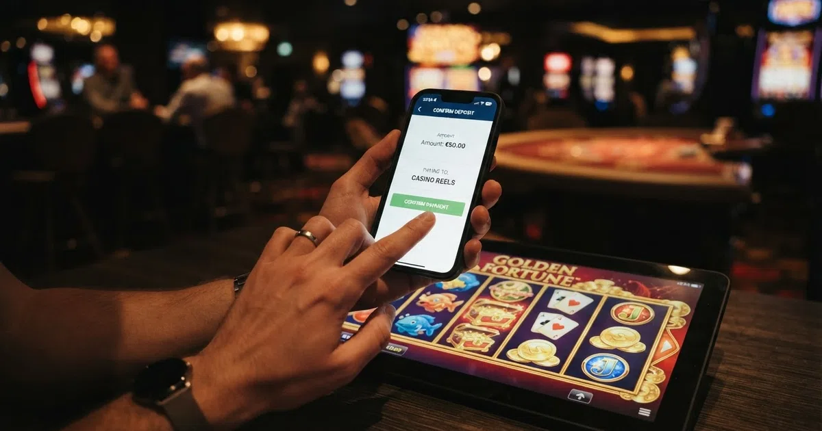 A smartphone held over a casino slots screen with a charge-to-mobile deposit prompt