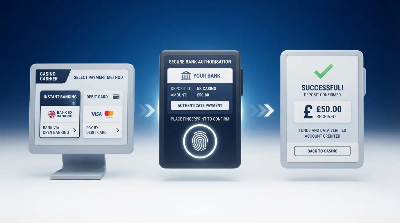 A simplified diagram showing the three-stage Pay N Play deposit flow: casino cashier → bank Open Banking authorisation → funds plus identity data arriving at the casino