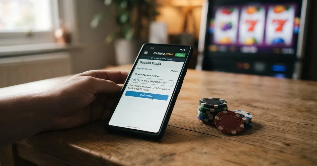 A UK mobile phone screen showing a casino deposit screen with a Payforit or pay-by-phone option highlighted beside chip stacks and slot reels