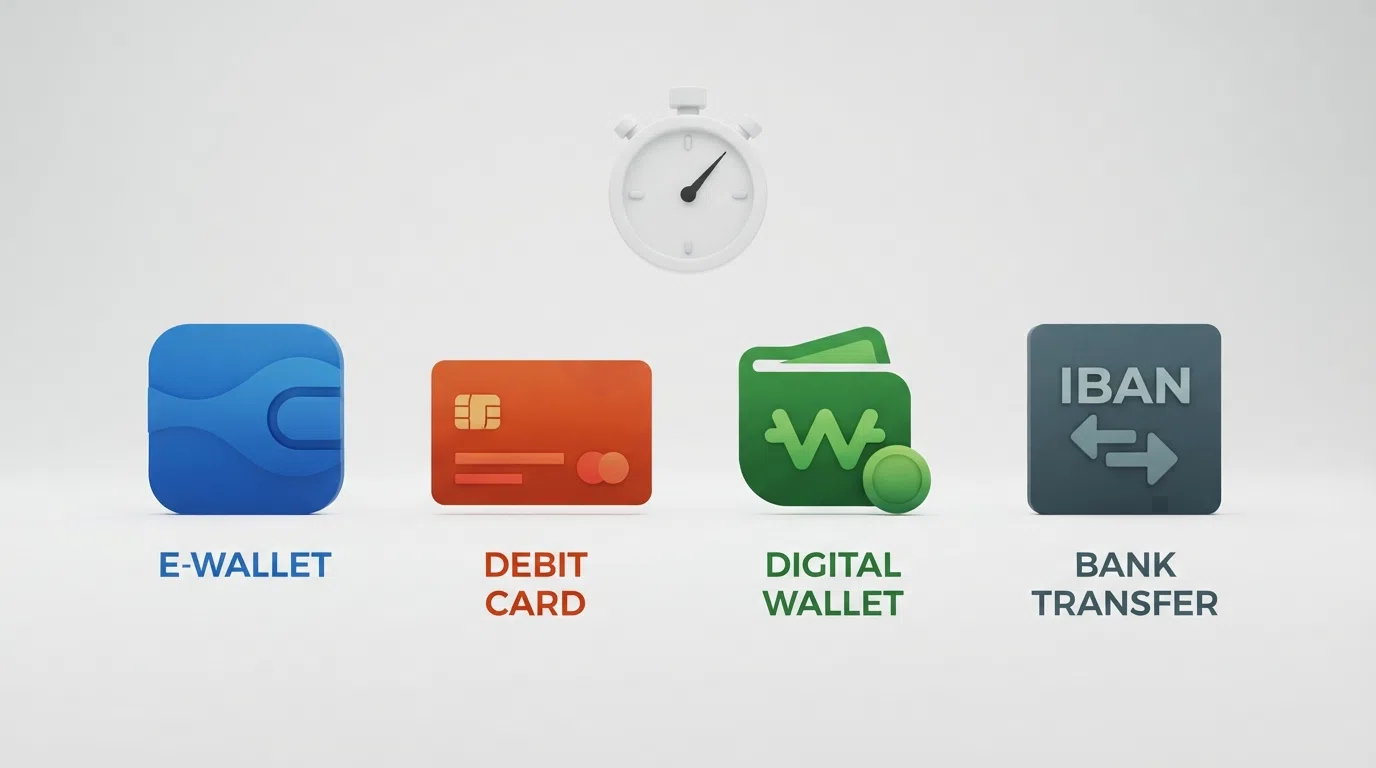 Four payment logos — PayPal, Visa, Skrill and Instant Bank Transfer — arranged left to right beneath a stopwatch icon and labelled with their tested fastest times