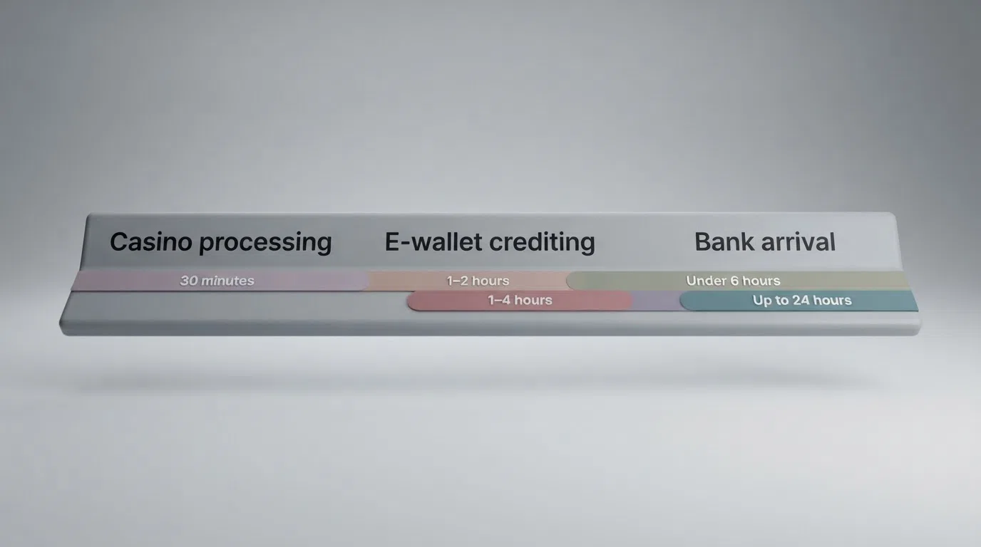 A visual comparison of the three-stage PayPal withdrawal pipeline — casino processing, PayPal crediting and bank arrival — shown as a horizontal timeline with the per-operator speed ranges marked.