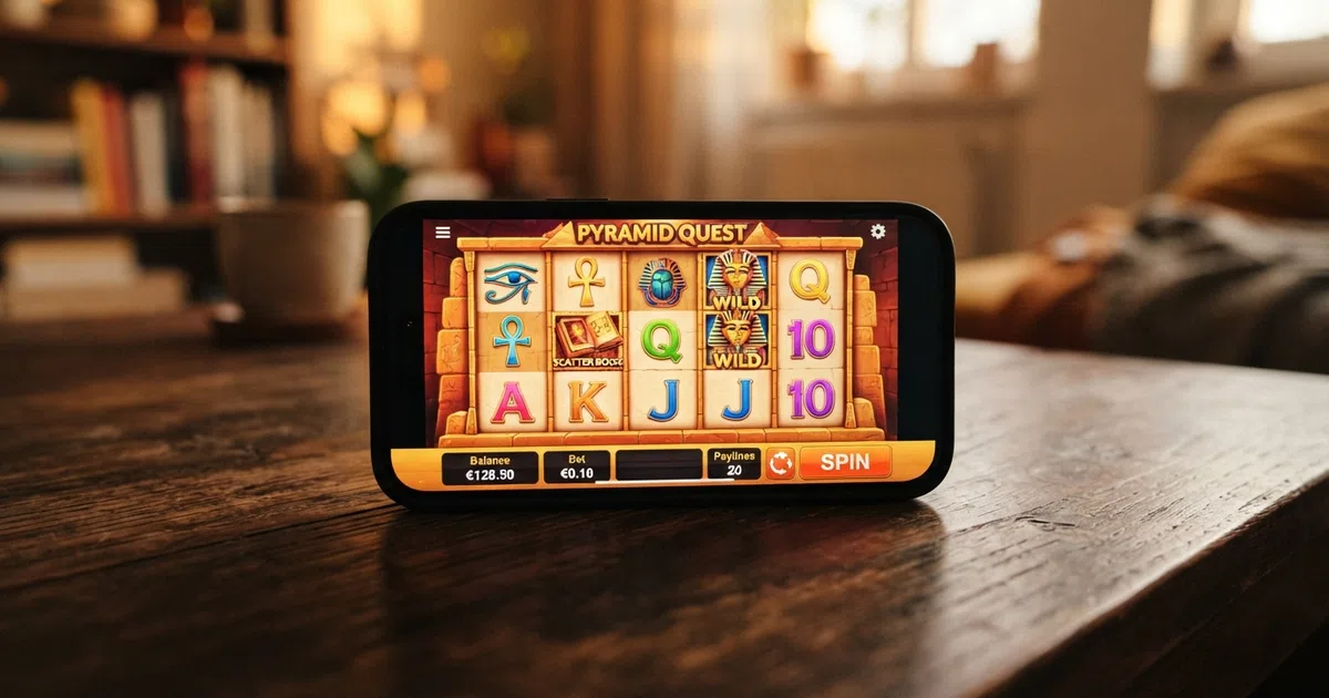 A close-up of a smartphone screen showing a brightly coloured online penny slot game grid with the spin button, balance display and payline selector visible against a dark background