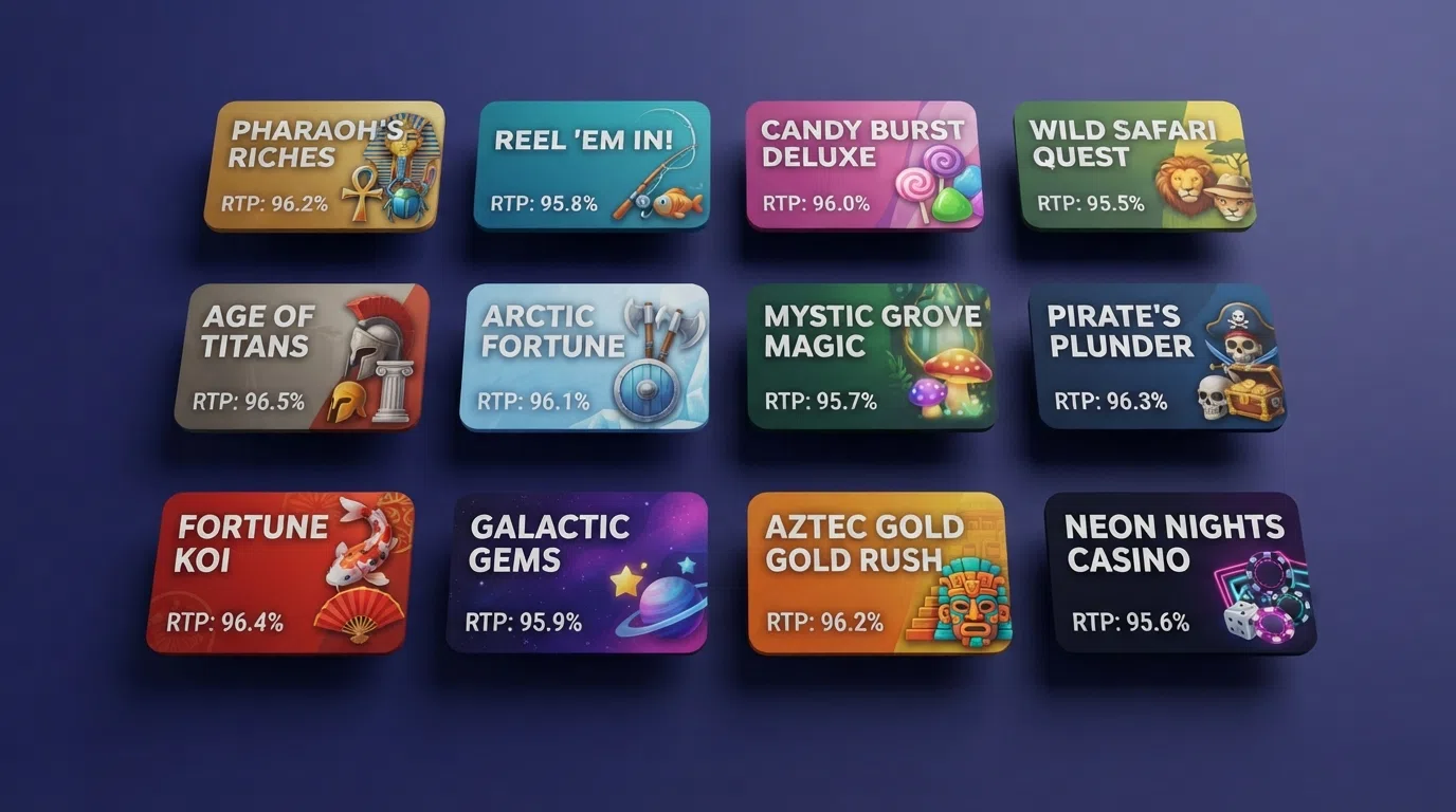 A grid of slot-title cards arranged side by side, each showing the game logo, its RTP percentage and a distinctive visual theme — ancient Egypt, underwater fishing, candy kingdom — to illustrate the variety in the shortlist