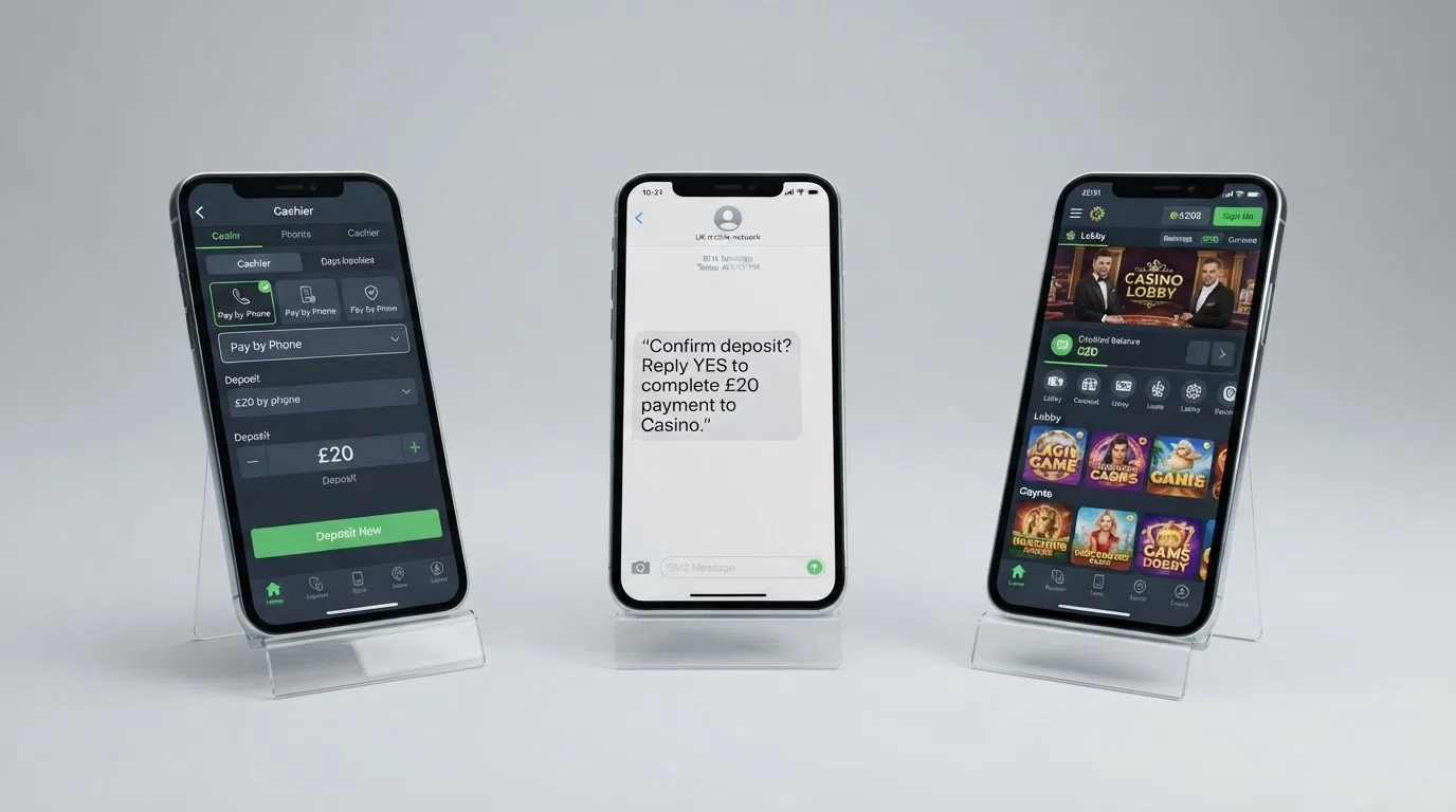 A three-step infographic showing the phone-bill deposit sequence: a mobile phone with a casino cashier screen, an SMS confirmation message on the same device, and a casino lobby with a credited balance
