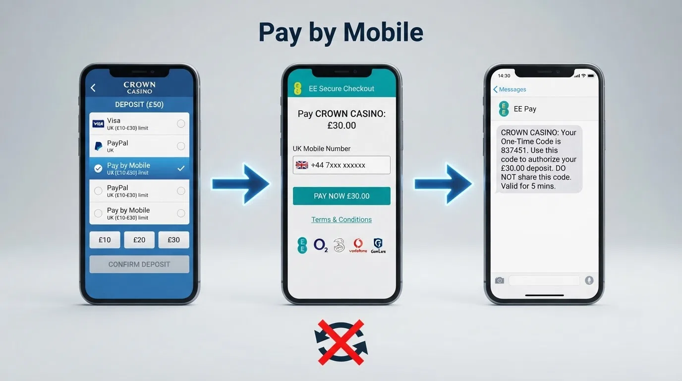 A diagram showing the three-step pay-by-mobile deposit flow: casino cashier → carrier billing page → SMS confirmation, with a one-way arrow from phone to casino and a crossed-out return arrow labelled “no withdrawal route”