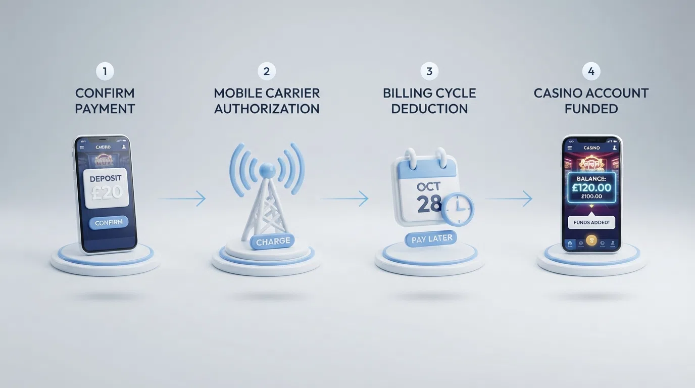 A four-step diagram of a pay by phone casino deposit, from phone prompt to funded balance