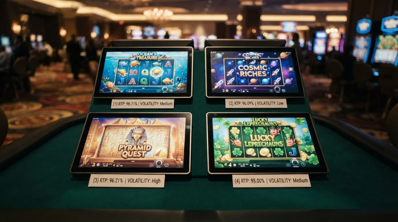 A visual grid of the four slot titles — Big Bass Bonanza, Starburst, Book of Dead and Rainbow Riches — each with its RTP percentage and volatility label displayed