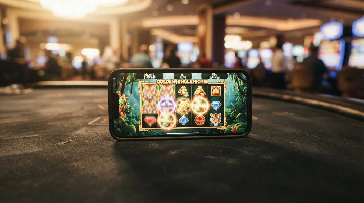 A smartphone in landscape orientation showing a Big Bass Bonanza slot reel mid-spin, the balance display visible at the top of the screen, set in a UK casino lobby with the game title clearly legible